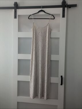 ACCESS Cream Maxi Slip Dress with Leaf-Embossed Texture